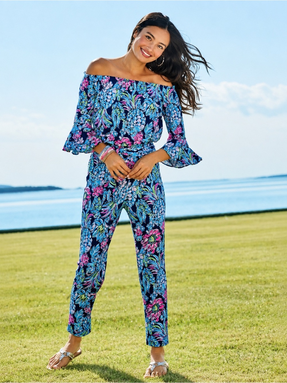 Lilly Pulitzer Calla Off Shoulder Jumpsuit High Tide Navy Pineapple Paradise XS